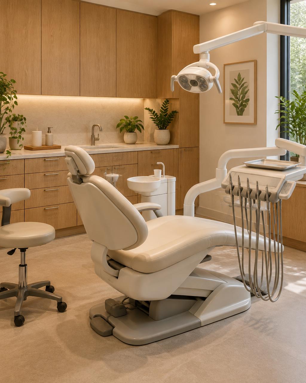 Consultório com cadeira odontológica e marcenaria em madeira clara