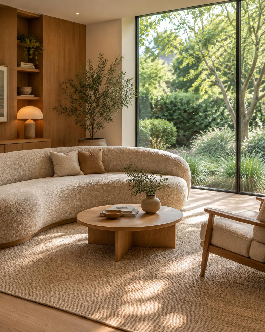 Sala de espera com sofá curvo e janela ampla para o jardim